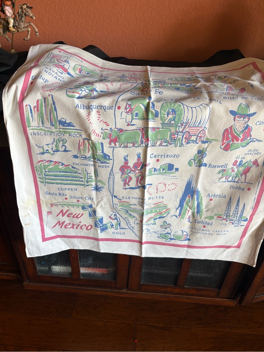 Source Unknown New Mexico Map Tablecloth in White, Pink, Green, Blue
